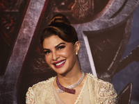 Bollywood actress Jacqueline Fernandez smiles during the trailer launch of their upcoming fantasy action-adventure thriller Kannada film 'Vi...