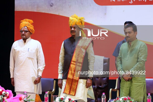 Lok Sabha Speaker Om Birla with RSS leader Nimba Ram during Arjuna Art award ceremony organised by Mati Manas Arjun Kala Sangrahalaya, at Bi...