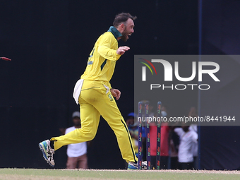 Australia's Glenn Maxwell celebrates after runouts Sri Lanka's Charith Asalanka  during the 5th One Day International match between Sri Lank...