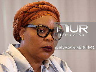 Leymah Gbowee of Liberia during the Nobel Women's Inititavie press conference in Krakow, Poland on June 23, 2022.  Delegation of the three N...
