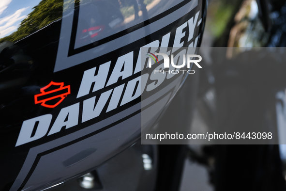 Harley-Davidson logo is seen on a motorcycle in Krakow, Poland on June 23, 2022. 
