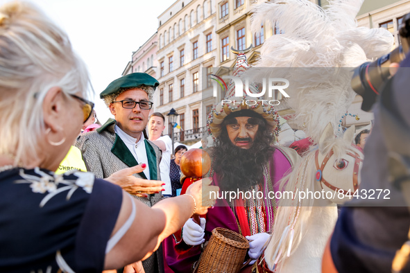 Lajkonik, a folklore symbol of Krakow walks in a parade  during Lajkonik Festival, a tradition connected with history of Krakow in an Old To...