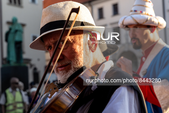 Mlaskoty band plays during a parade of Lajkonik, a folklore tradition connected with history of Krakow in an Old Town of Krakow, Poland on J...