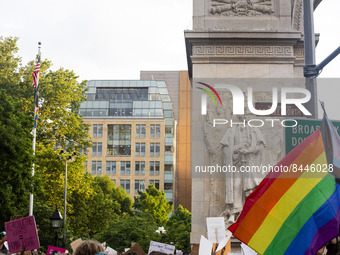An LGBTQ flag is waved during a protest against the Supreme Courts decision to overturn Roe V. Wade on Friday June 24, 2022 in New York, NY....