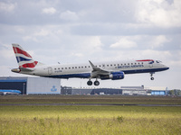 British Airways Embraer ERJ-190 ( ERJ-190-100 SR or ERJ-190SR ) aircraft as seen flying and landing at Amsterdam Schiphol Airport. The narro...
