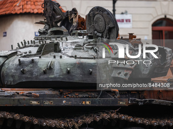 A fragment of Russian T-72B tank destroyed on the battlefields of Ukraine is seen as part of a display 'For Our Freedom and Yours' at Royal...