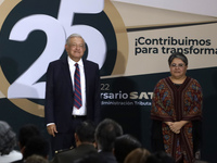 Mexico’s President Andres Manuel Lopez Obrador and the head of the Tax Administration Service, Raquel Buenrostro during the   25th Anniversa...