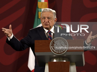 Mexican President Andres Manuel Lopez Obrador talking during his daily morning media conference at the National Palace. On Jul 4, 2022 In Me...