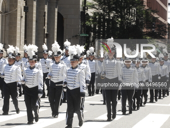 Patriots Marching Band from Minneapolis, Minnesota marches in the Philly Independence Day Parade in Philadelphia, PA, on July 4, 2022. (
