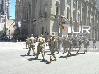 U.S. Army Marching Band out of Rochester, New York marches in the Independence Day Parade in Philadelphia, PA, on July 4, 2022. (