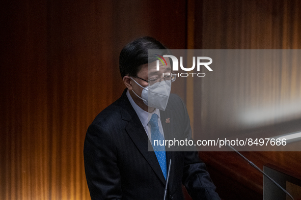Hong Kong Chief Executive Speaking John Lee inside the Chamber Legislative Council during the Chief Executive Q&A section on July 6, 2022 in...