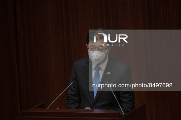 Hong Kong Chief Executive Speaking John Lee inside the Chamber Legislative Council during the Chief Executive Q&A section on July 6, 2022 in...