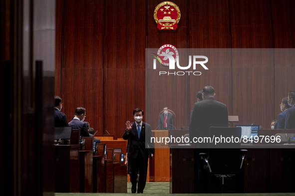 Hong Kong Chief Executive Speaking John Lee leaving the Chamber Legislative Council after the Chief Executive Q&A section on July 6, 2022 in...