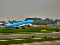 KLM Royal Dutch Airlines Boeing 777-206(ER) taking off from Amsterdam Airport Schiphol in Amsterdam, Netherlands, Europe, on May 03, 2022. (
