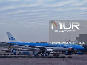 KLM Royal Dutch Airlines Airbus A330-303 airplane at Amsterdam Airport Schiphol in Amsterdam, Netherlands, Europe, on May 03, 2022. (