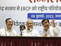 Rajasthan Chief Minister Ashok Ghelot , AICC  General Secretary Ajay Maken with Rajasthan Congress President Govind Singh Dotasra during the...