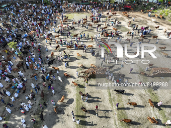 A drone view of the cattle market in Bhola, Bangladesh, on July 06, 2022. Livestock vendors and customers gather at a cattle market ahead of...