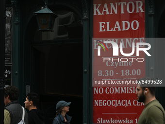 A sign Exchange seen in Krakow's Old Town. 
On Wednesday, July 06, 2022, in Krakow, Poland. (