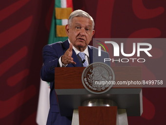 July 6, 2022, Mexico City, Mexico: Mexican President, Andres Manuel Lopez Obrador, gestures during his speech while response media questions...