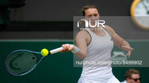 Jule Niemeier of Germany in action against Tatjana Maria of Germany during the quarter-final of the 2022 Wimbledon Championships, Grand Slam...