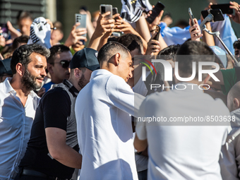 Juventus FC new signing Angel Di Maria arrives at the J Medical to complete his transfer to Juventus FC from Paris Saint-Germain on July 8,...