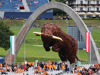 View of the Red Bull sculpture on the circuit before practice and qualifying sessions for the Formula 1 Austrian Grand Prix at Red Bull Ring...