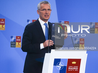 NATO Secretary General Jens Stoltenberg holds a press conference during the NATO Summit at the IFEMA congress centre in Madrid, Spain on Jun...