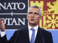 NATO Secretary General Jens Stoltenberg holds a press conference during the NATO Summit at the IFEMA congress centre in Madrid, Spain on Jun...