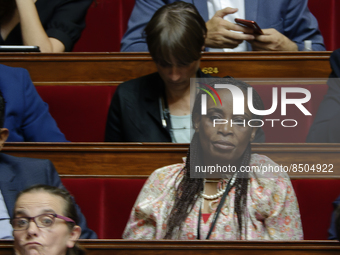  French leftist party NUPES group's member of parliament Rachel Keke attends at the speech of  French Prime Minister Elisabeth Borne which g...