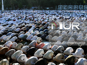 Indonesian Muslims perform their prayer during the Eid al-Adha celebrations at a field in Bogor, West Java, Indonesia on July 9, 2022. Musli...