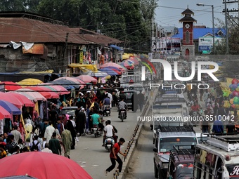 Huge rush of Kashmiri Muslims is seen in markets ahead of Festival Eid Ul Adha In Sopore District Baramulla Jammu and Kashmir India on 09 Ju...