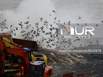 Birds fly past high Tides near coastal road construction in Mumbai, India, 15 July, 2022.  (