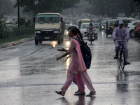 Monsoon rain lashes into the eastern Indian state Odisha's capital city Bhubaneswar, on july 16, 2022. (