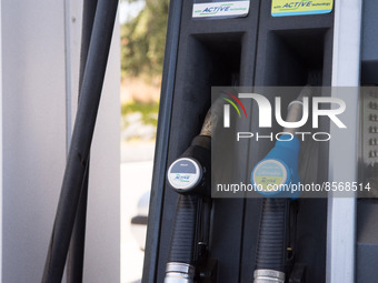 Gas pump on a gas station in Chania, Crete Island, Greece on July 21, 2022. (