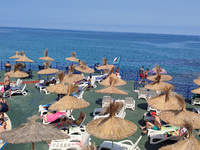 Photo taken on July 20, 2022 shows a beach and a swimming pool in the wilaya of Oran, 450 km from the capital, Algiers, the Algerian governm...