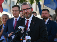 Grzegorz Braun, a Polish right wing politician and the leader of the Confederation political party during a press conference in Rzeszow Mark...