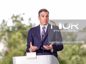 Spanish Prime Minister, Pedro Sánchez speaks at press conference at Royal Baths Park, Palace on the Isle in Warsaw, Poland for bilateral gov...
