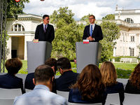 The Prime Minister of Poland, Mateusz Morawiecki and Spanish PM, Pedro Sánchez attend a press conference at Royal Baths Park, Palace on the...
