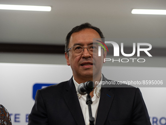 Alfonso Prada, former debate chief of President-elect Gustavo Petro gives a press conference on advancements with mayors of Colombian cities...