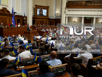 President of Lithuania Gitanas Nauseda addresses Ukrainian Parliament at solemn meeting in Kyiv, Ukraine, July 28, 2022. Ukraine marks The U...