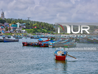 Fishing boats at Vizhinjam Harbour in Vizhinjam, Thiruvananthapuram (Trivandrum), Kerala, India on May 26, 2022. (