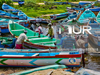 Fishing boats at Vizhinjam Harbour in Vizhinjam, Thiruvananthapuram (Trivandrum), Kerala, India on May 26, 2022. (