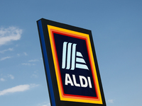 Aldi logo is seen near a supermarket in Budapest, Hungary on July 28, 2022. (