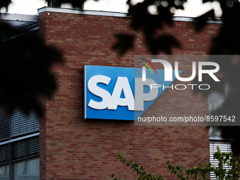 SAP logo is seen on an office building in Budapest, Hungary on July 28, 2022. (