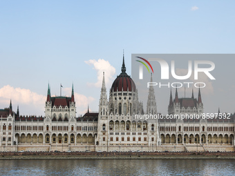 View of the Hungarian Parliament Building and the Danube River in Budapest, Hungary on July 28, 2022. (