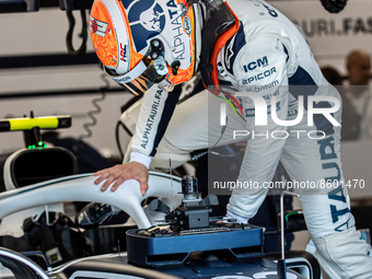 Yuki Tsunoda of Japan and Scuderia AlphaTauri driver during the practice session at Hungarian Aramco Formula 1 Grand Prix on July 29, 2022 i...