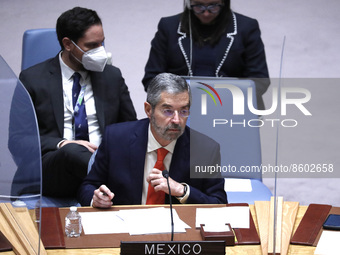 Ambassador Juan Ramon de la Fuente Ramirez of Mexico speaks at the United Nations Headquarters on July 29, 2022 in New York City, USA. Deleg...
