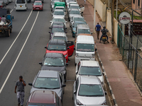 Cars line up for fuel near a fuel station. July 30, 2022 Colombo, Sri Lanka (