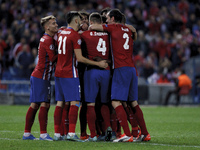 SPAIN, Madrid:Several players of Atletico de Madrid Celebrates a goal during the UEFA Champions League 2015/16 match between Atletico de Mad...