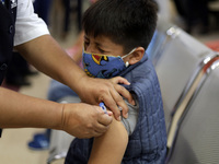 A child receives the first dose of Pfizer's during the pediatric vaccination campaign for children under 8 years of age   against Covid19 at...